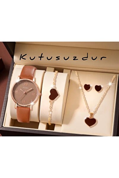 BBS "Şık Kadın Saat Takı Seti - SOKI Kol Saati, Kalpli Bileklik, Kolye ve Küp...
