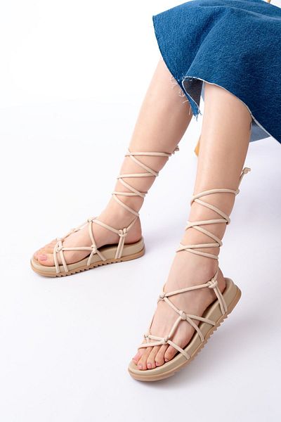 serkanseyyid 1001-1001 Beige Ankle Lace-Up Women's Sandals