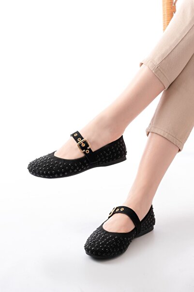 infon shoes creation DM-6020 حذاء باليه نسائي أسود مع إبزيم خوذة