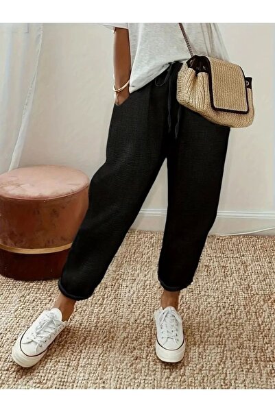 MHT STORE Women's High Waist Elastic Waist Aerobin Trousers with Lacing Detail