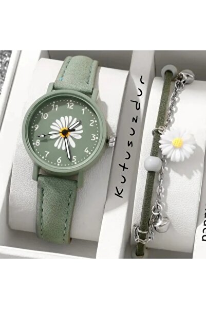 BBS Kadın Papatya Detaylı Yeşil Saat ve Bileklik Seti – Şık & Zarif Kombin ( ...