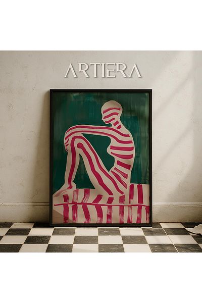 HİGUERA Artă minimalistă contemporană, dungi roșii, yoga, femeie așețată, pictură murală cu rame din lemn