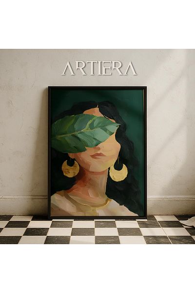 HİGUERA Portret de femeie abstractă cu frunze verzi cu cercei de aur Pictură murală cu rame din lemn