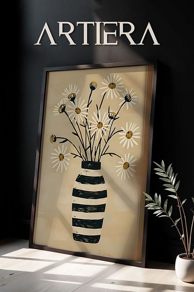 HİGUERA Vază alb-negru Flori de margaretă Cremă Abstractă Botanică Pictură murală cu rame din lemn