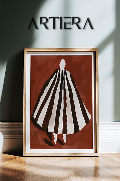 HİGUERA Portret de femeie abstractă minimalistă în dungi roșu claret negru alb pictură murală cu cadru din lemn