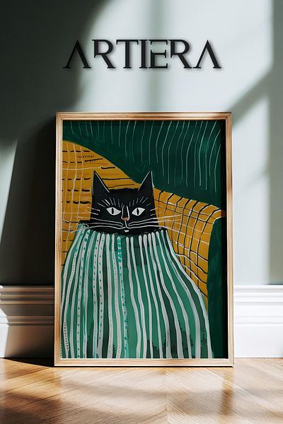 HİGUERA Pictură de perete cu cadru din lemn de animale abstracte pisică neagră în interiorul pătratului cu dungi verzi