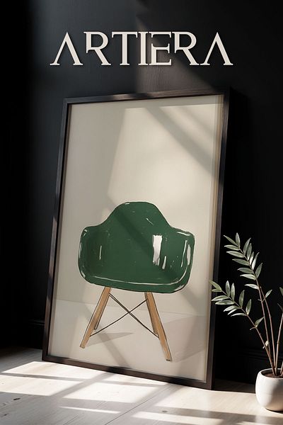 HİGUERA Scaun verde cu design modern, artă minimalistă contemporană, pictură murală cu cadru din lemn