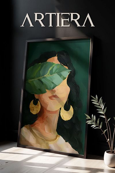 HİGUERA Portret de femeie abstractă cu frunze verzi cu cercei de aur Pictură murală cu rame din lemn