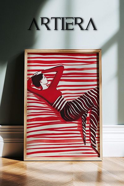 HİGUERA Portret de femeie abstractă în dungi roșii Artă minimalistă contemporană Pictură murală cu rame din lemn
