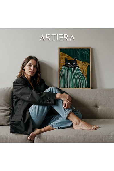 HİGUERA Pictură de perete cu cadru din lemn de animale abstracte pisică neagră în interiorul pătratului cu dungi verzi
