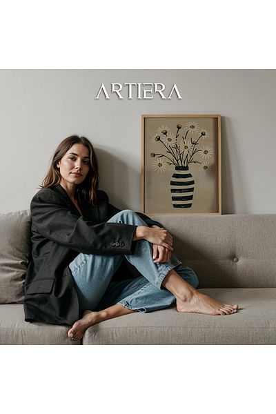 HİGUERA Vază alb-negru Flori de margaretă Cremă Abstractă Botanică Pictură murală cu rame din lemn