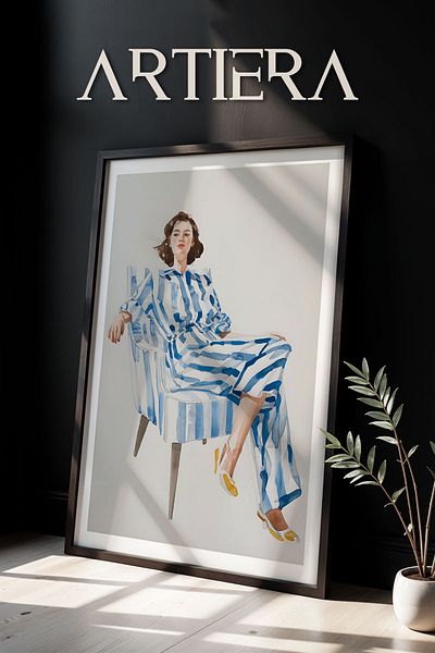 HİGUERA Portret de femeie elegantă într-o scaun cu dungi albastre Pictură murală minimalistă cu cadru din lemn