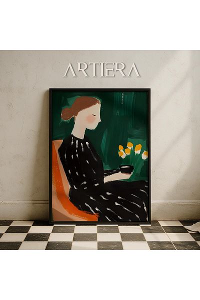 HİGUERA Portret de femeie care băută cafea cu flori galbene Pictură murală într-un rama din lemn