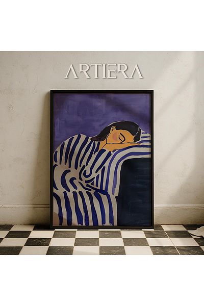 HİGUERA Portret de femeie abstractă în dungi albastre în tonuri de violet Pictură murală cu rame din lemn