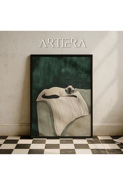 HİGUERA Portret abstract de pisică în somn pe scaun gri Pictură murală cu cadru din lemn