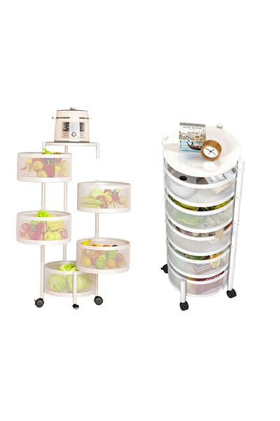 OEM Mobile Kitchen Organizer with Five Rotating Baskets for Storing Fruits and Vegetables, White