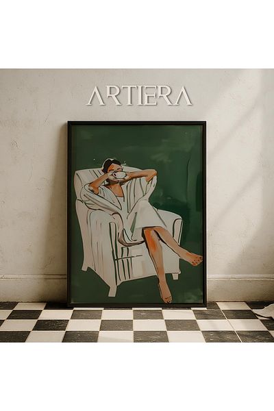 HİGUERA Portret de femeie abstractă într-o scaun cu dungi verde și alb Pictură murală modernă cu cadru din lemn