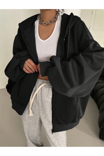 BYMEER Siyah Düz Fermuarlı Kapşonlu Hırka Sweatshirt