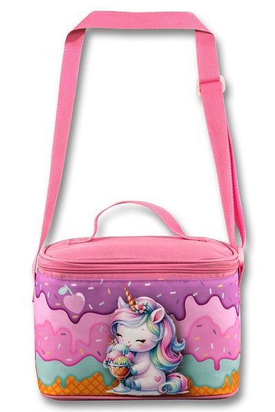 ÜMİT ÇANTA Geantă de prânz Ümit cu termos/isolată termic - 5004 - Unicorn care mănâncă înghețată, violet roz (fată)