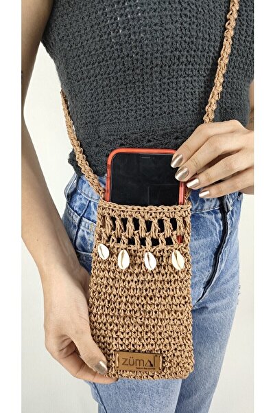 ZÜMAL Lüx El Örgüsü Kağıt Ip Kadın Omuz Telefon Çantası ( Renk Tarçın)