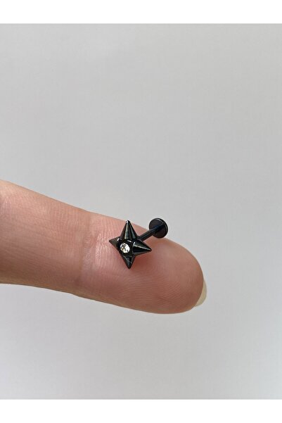 kurukafagift Çelik Piercing Yıldız Siyah Renk Beyaz Taşlı Tragus Helix Labret...