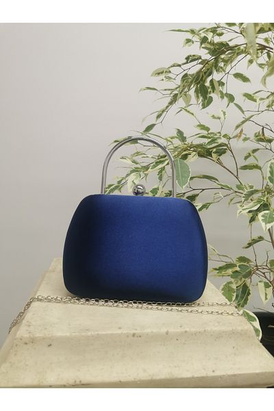 NAZART Rochie de seară din satin bleumarin pentru femei, cu cureaua cu lanț, geantă de umăr de logodnă de nuntă