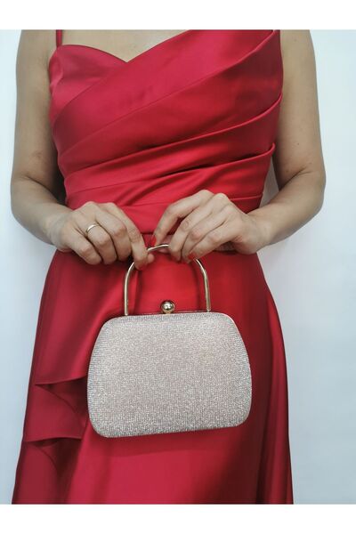 NAZART Women's Big Stone Look Powder Evening Clutch Chain Strap Handheld Wedding Engagement Evening Bag