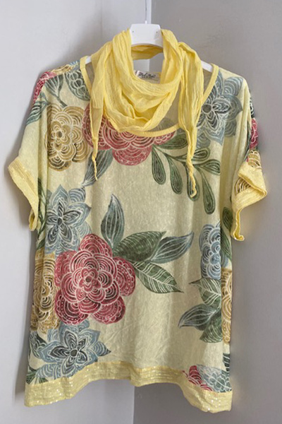AYASOFYA OTANTIK Bluză largi cu paiete pentru femei, eșarfă galbenă italiană, cu modele de flori, mâneci și tiv