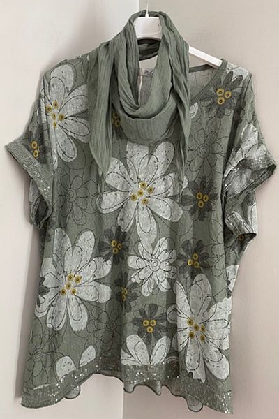 AYASOFYA OTANTIK Women's Italian Khaki Scarf Chrysanthemum Patterned Sleeves and Hem Sequined Loose Blouse