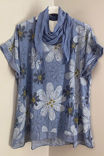 AYASOFYA OTANTIK Bluză largi cu paiete pentru femei, albastru indigo italian, cu eșarfă, cu model de crizantemă, mâneci și tiv