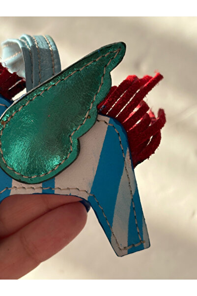 Pinkylola Rodeo Serisi-Kanatlı Ponycik Model Mavi 2 mavi beyaz Hakiki Deri kırmızı süet ,Çanta Süsü Bag Charm