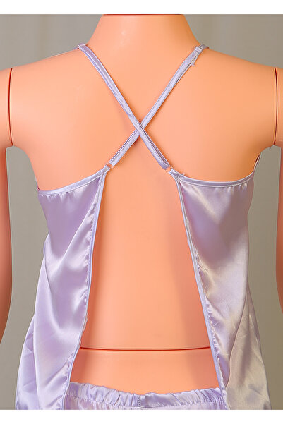 emsal özgür tekstil Sırtı Komple Açık Çapraz İpli V Yaka Şık Ve Seksi Saten Lila Şort Takımı