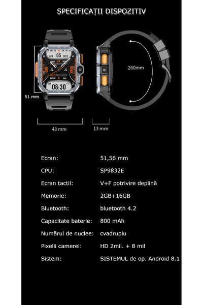 GBV LOGIC Smartwatch GBV LOGIC,sistem de operare android,camera foto, 800 mAh,tensiometru,16gb, alte functii