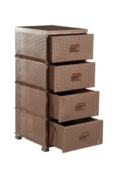 sterk Dulap Plastic Depozitare Tip Ratan, 4 Sertare, Maro