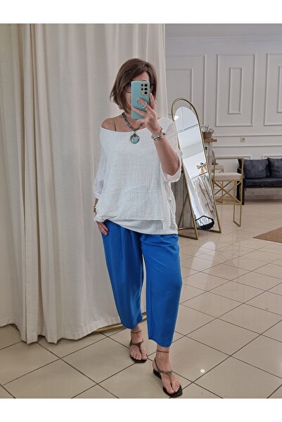 pudubutik Short Leg Loose Linen Trousers Blue
