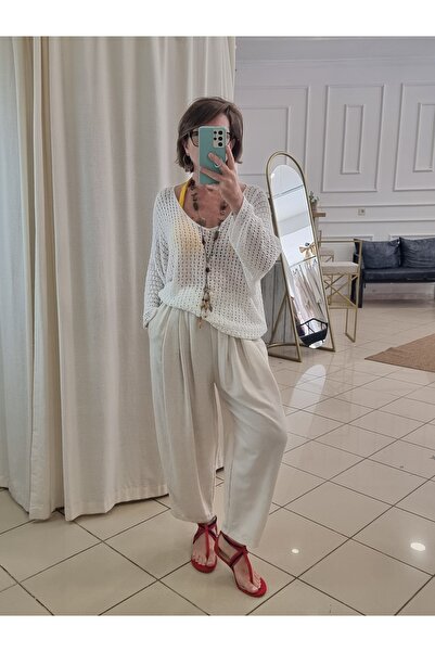 pudubutik Kısa Paça Bol Keten Pantolon Bej