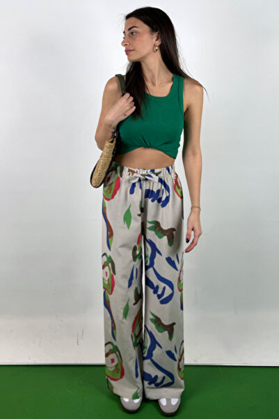 Love The Wind Pistachio Green Patterned Cotton-Linen Flowy Palazzo Pants
