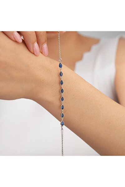 Siset Gümüş 925 Ayar Rodyum Kaplama Safir Taşlı Damla Su Yolu Gümüş Bileklik