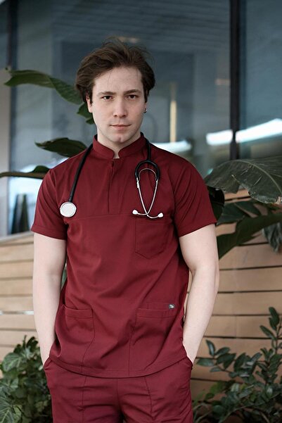 EGEUNIFORM New Erkek Premium Bordo Hemşire Forması Scrubs Doktor Üniforma Diş...