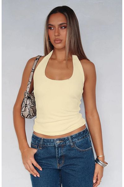 ecemore Γυναικείο βούτυρο κίτρινο γιακά Halter Crop Top Body E2967