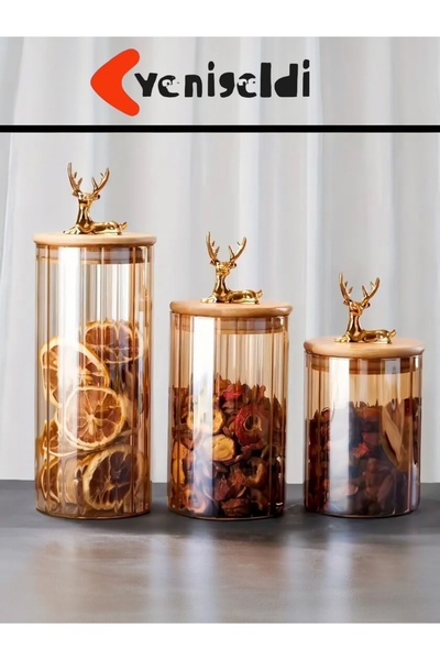 Yenigeldi (9x15 CM) 750 ml 2 Adet Kehribar Renk Geyikli Cam Saklama Kavanozu ...