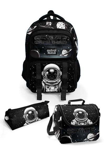 Astral Polo Club Design Patterned 5 Compartment 3-Piece School Bag Set (Backpack + Lunch Box + Pen Bag)