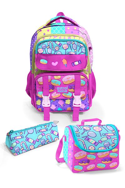 Astral Polo Club Design Patterned 5 Compartment 3-Piece School Bag Set (Backpack + Lunch Box + Pen Bag)