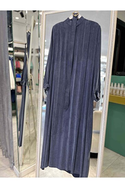 MERAM BUTİK PUANE İPEK CUPRA ELBİSE VATKA DETAYLI 12598 - LACİVERT - M