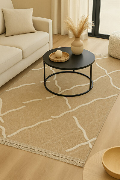 Colore Home Dış Mekan Ve İç Mekan Halısı Krem Detaylı Jüt Halı Sisal Halı