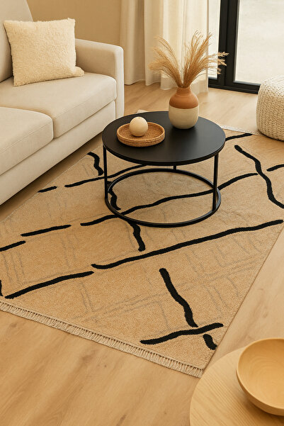 Colore Home Dış Mekan Ve İç Mekan Halısı Siyah Detaylı Jüt Halı Sisal Halı