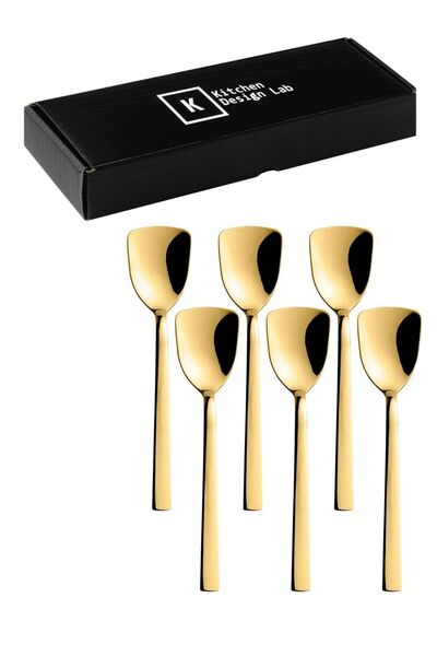 Kitchen Design Lab Lüks Gold Renk Paslanmaz Çelik, Kutulu, 6'lı Dondurma Kaşığı Ve Tatlı Kaşığı