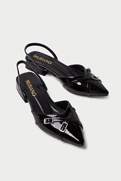 Mubiano حذاء نسائي أسود من الجلد اللامع بإبزيم مفتوح من الخلف MBHRN650-S