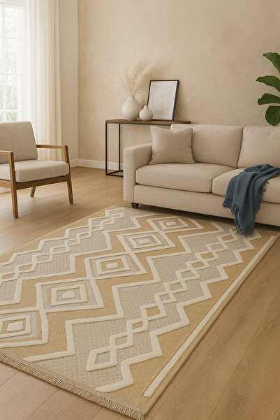 Colore Home Dış Mekan Ve İç Mekan Halısı Krem Ve Mavi Detaylı Jüt Halı Sisal ...