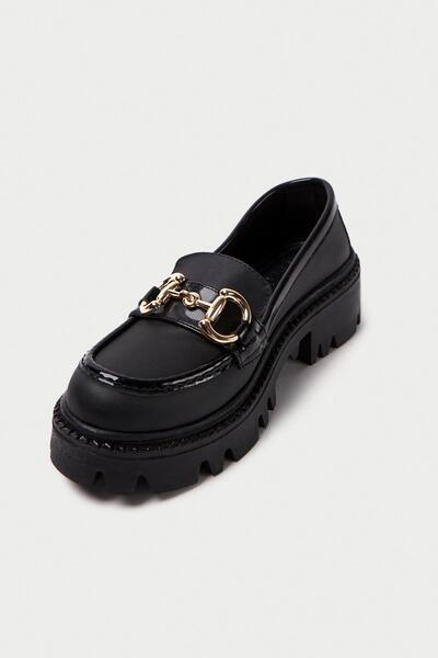 Mubiano MB1180-S Kalın Taban Siyah Kadın Tokalı Kolej Loafer